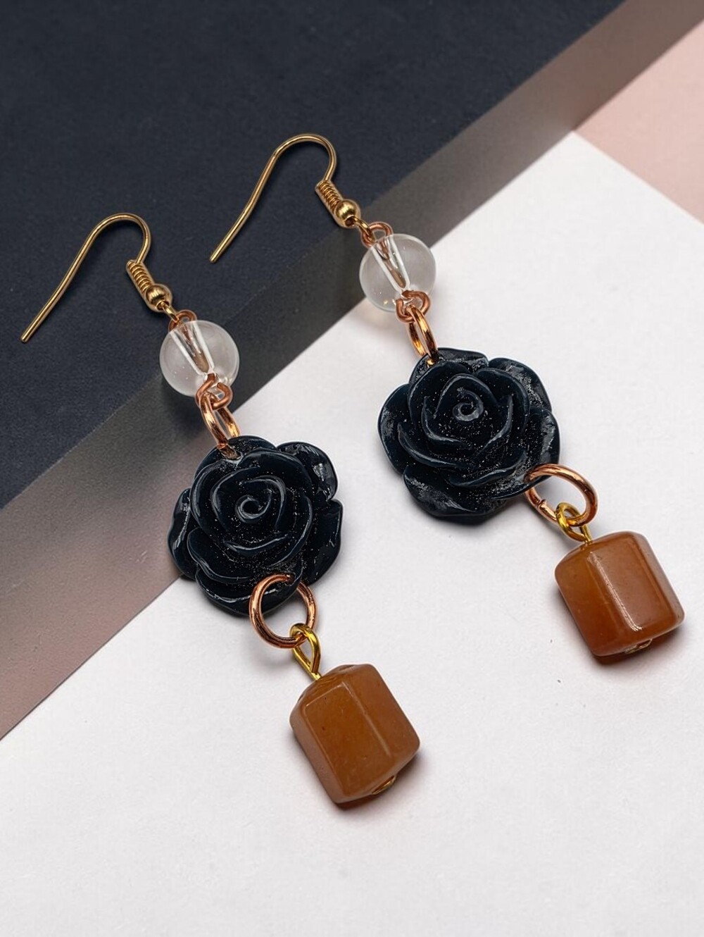 Handmade Dark Blue Rose Earrings with Carnelian Beads | Floral Dangle Jewelry